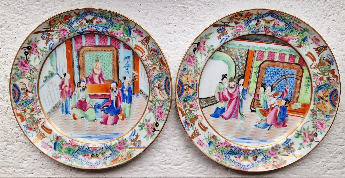 Lot De 2 Assiettes Chinoises Rare Marli En Porcelaine De Canton Vers 1820-1830 Daoguang period 