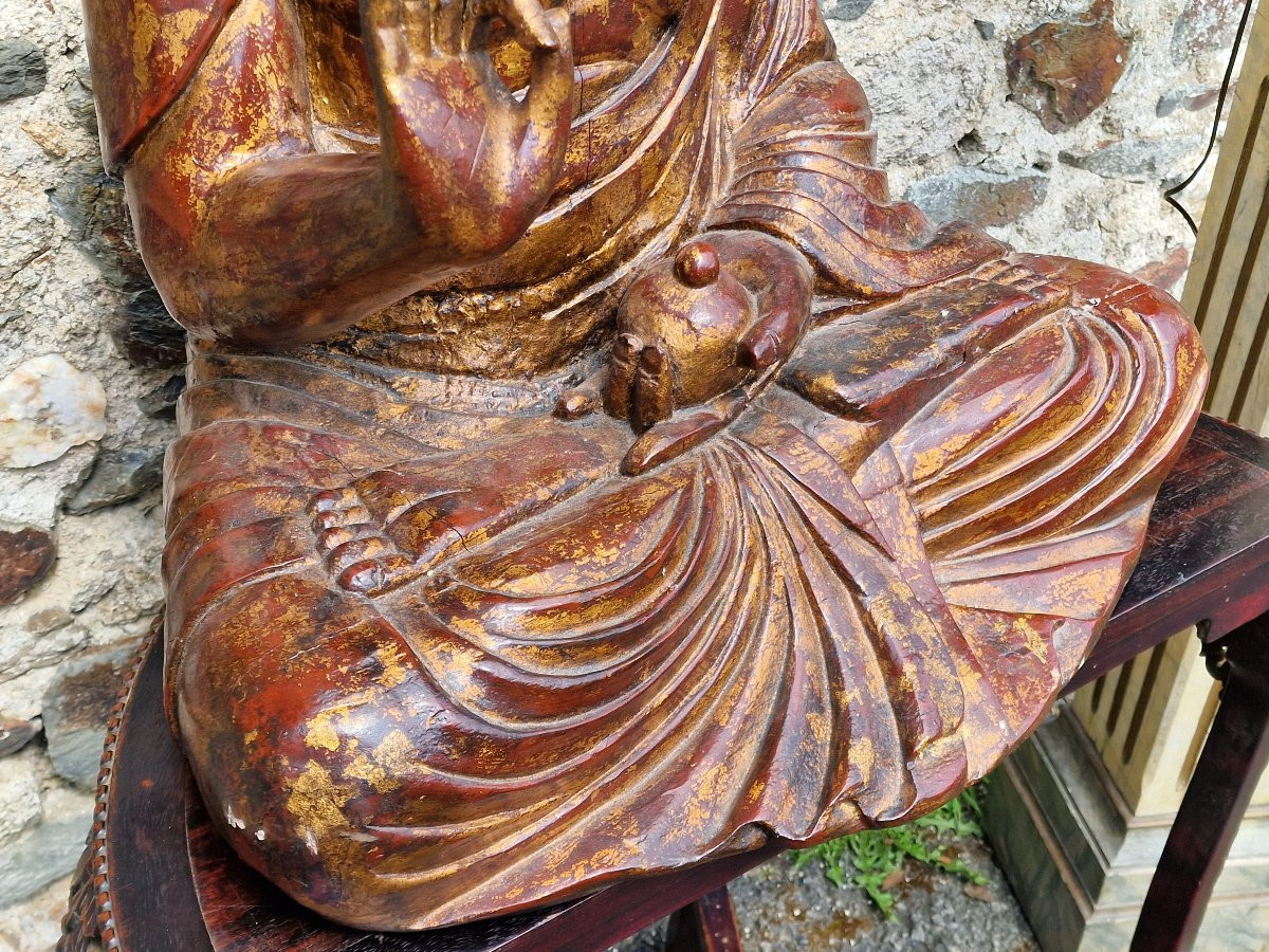 Important Buddha Statue In Gilded Lacquered Wood From Vietnam Lotus Gold-photo-2