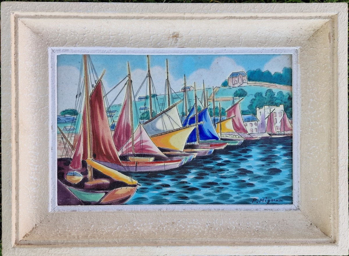 Tableau Céramique émaux De Longwy Bateaux Au Port à Audierne Bretagne Par Paul Mignon