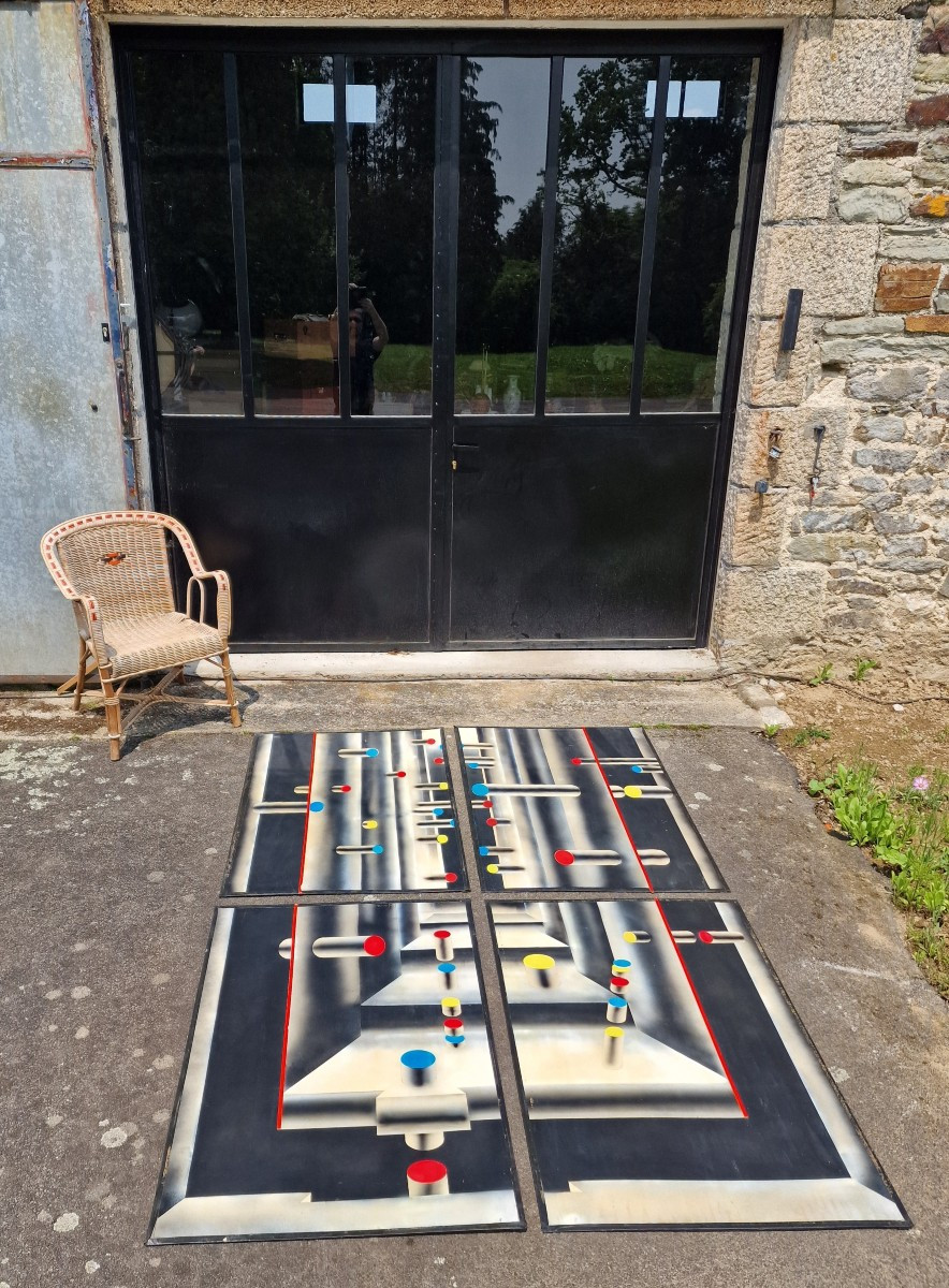 Tableaux formant quadriptyque singulier entre art cinétique et mécanique vers 1960-1970 .