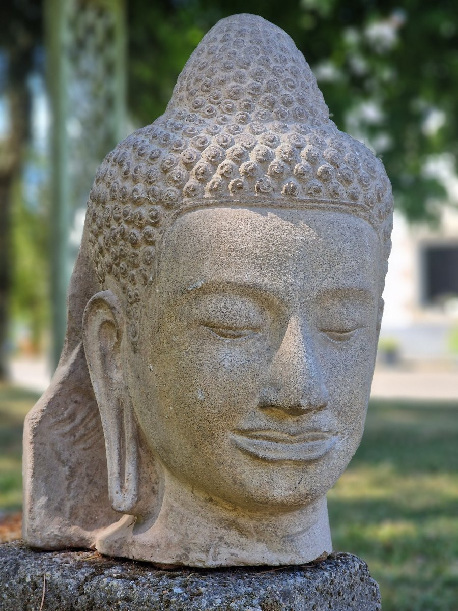 Life-size Thai Style Sandstone Smiling Buddha Head-photo-2