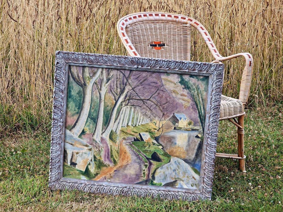Tableau d' Achille Richard le moulin neuf au bois d'amour Pont Aven Bretagne 1922-1925 