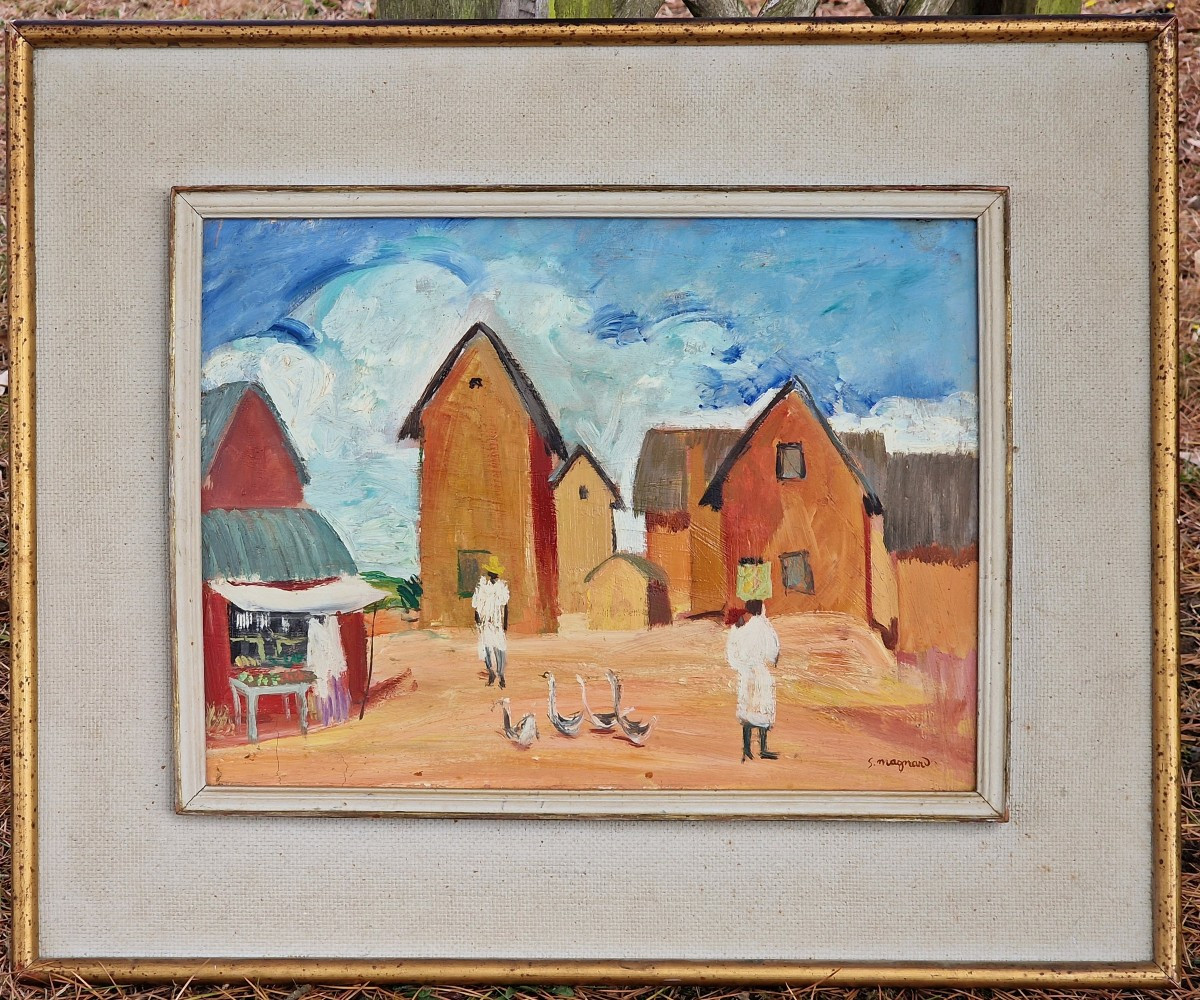 Painting By Stéphane Magnard View Of A Square Or Market In Madagascar, Africanist Orientalist School
