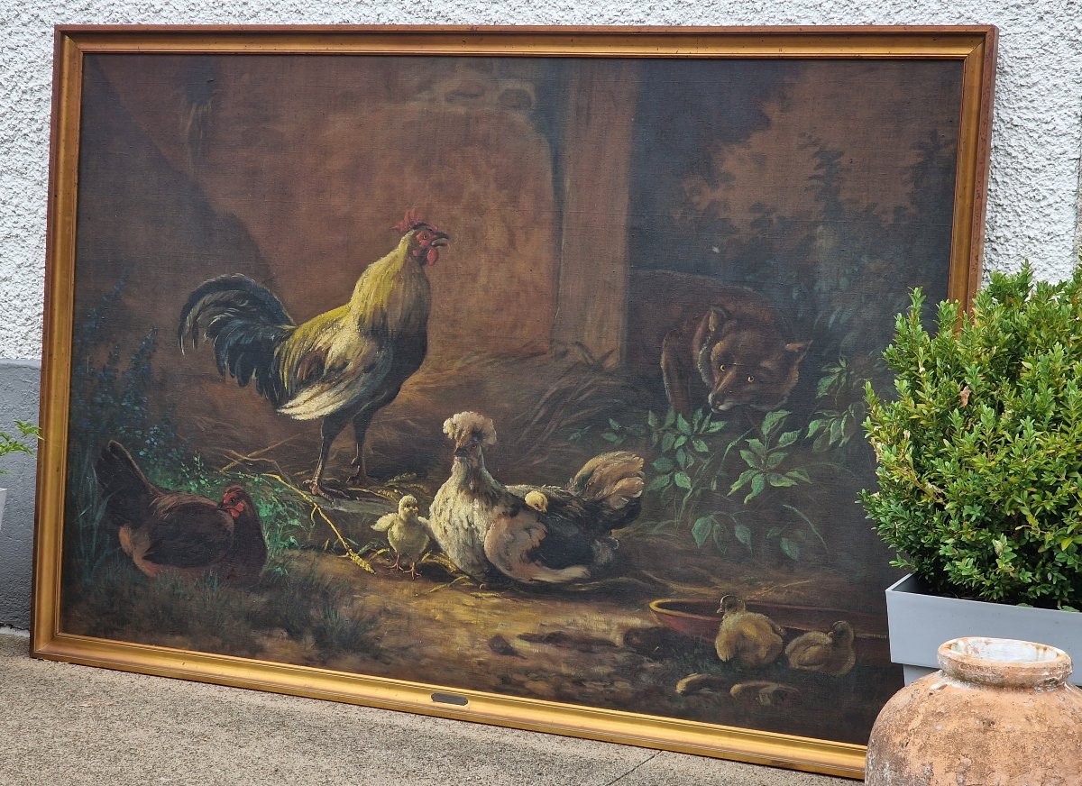 Large Painting Of A Rooster, Hen And Fox. Provenance: Augustine Des Cars Family, Sourches Castle. -photo-2