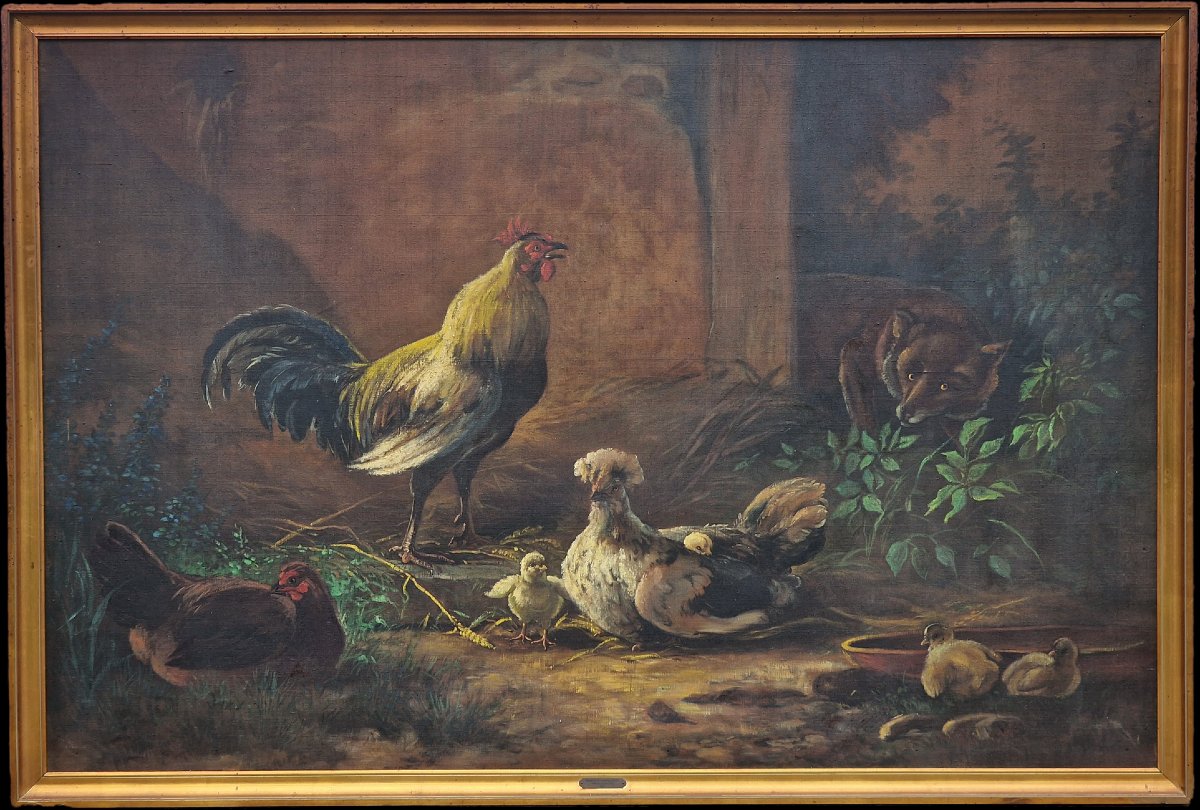 Large Painting Of A Rooster, Hen And Fox. Provenance: Augustine Des Cars Family, Sourches Castle. -photo-3