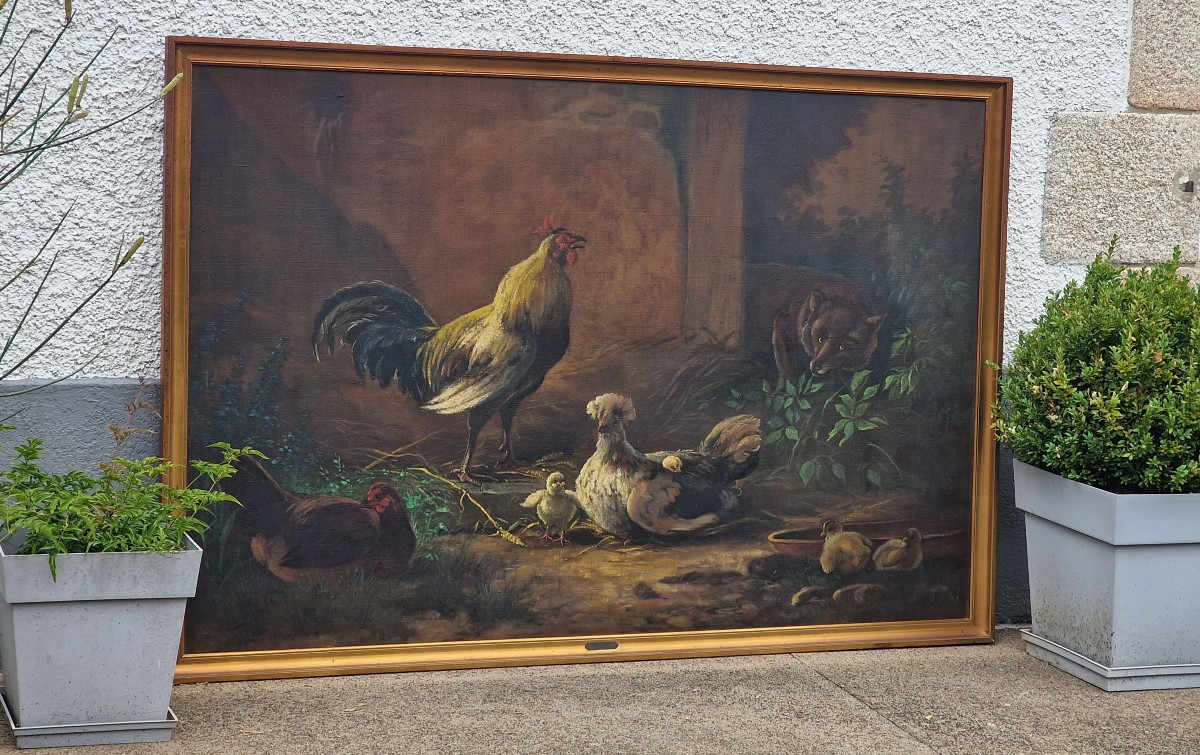 Large Painting Of A Rooster, Hen And Fox. Provenance: Augustine Des Cars Family, Sourches Castle. 