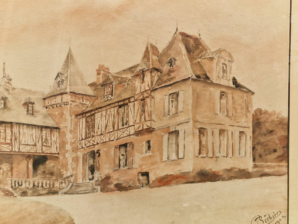 Large Watercolor Painting Representing The Castle Of Saint Pierre De Cernières In Eure.-photo-3