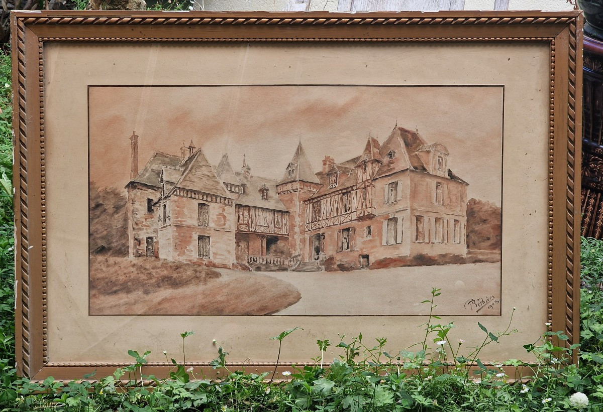 Large Watercolor Painting Representing The Castle Of Saint Pierre De Cernières In Eure.