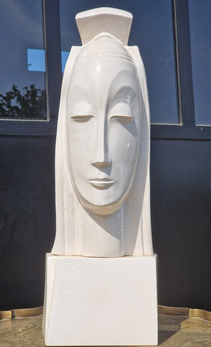 Important Cracked Ceramic Queen's Head After Gustave Miklos Art Deco-photo-2