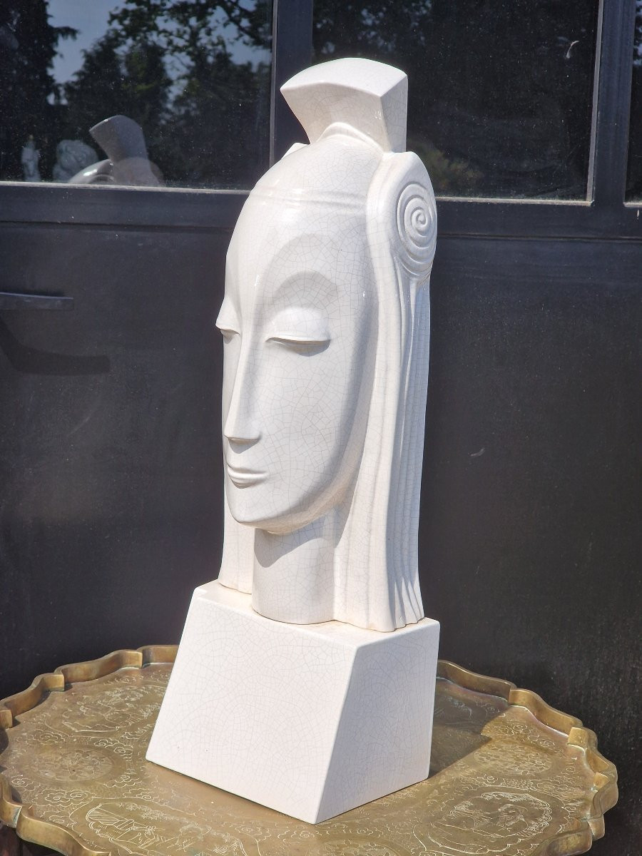 Important Cracked Ceramic Queen's Head After Gustave Miklos Art Deco-photo-4