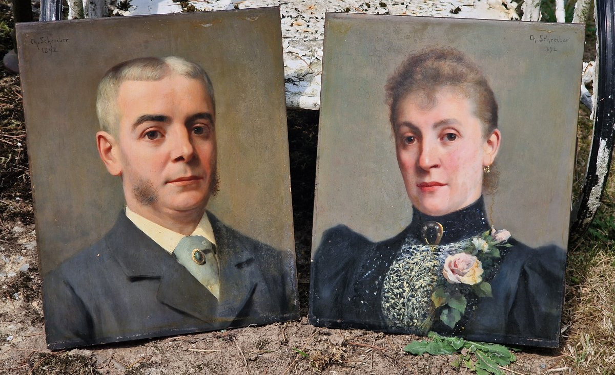 Pair Of Portraits Of A Man With Sideburns And His Wife In 1892 By Charles Baptiste Schreiber-photo-1