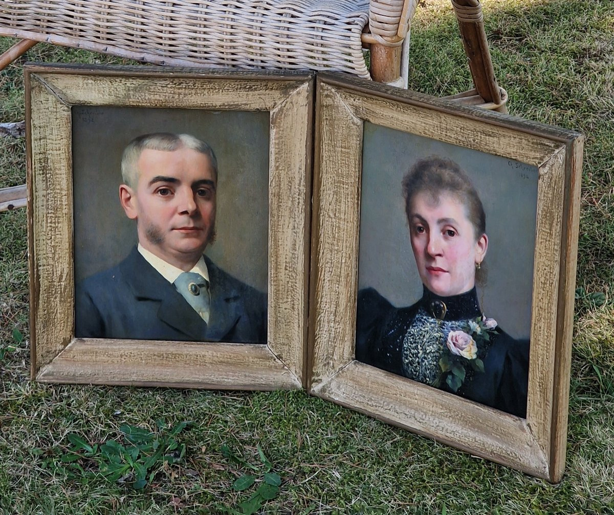 Pair Of Portraits Of A Man With Sideburns And His Wife In 1892 By Charles Baptiste Schreiber-photo-3