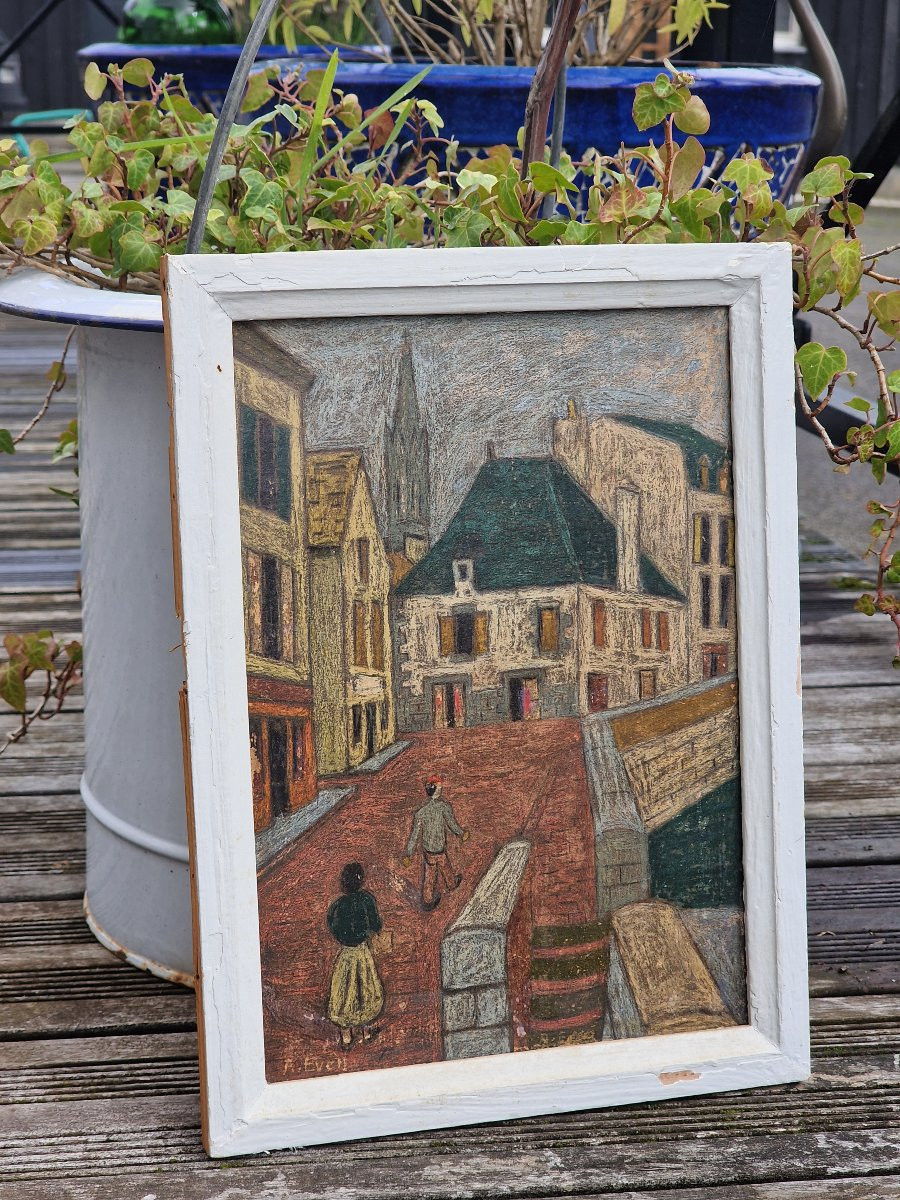 Tableau le pont de Pont Aven par André Even peinture à la cire école bretonne Finistère -photo-2