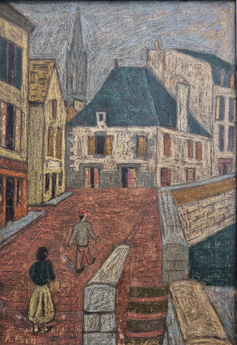 Tableau le pont de Pont Aven par André Even peinture à la cire école bretonne Finistère -photo-3
