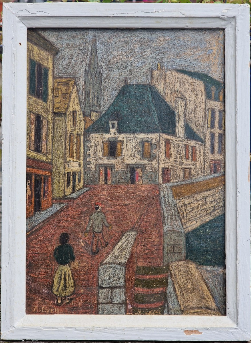 Tableau le pont de Pont Aven par André Even peinture à la cire école bretonne Finistère 