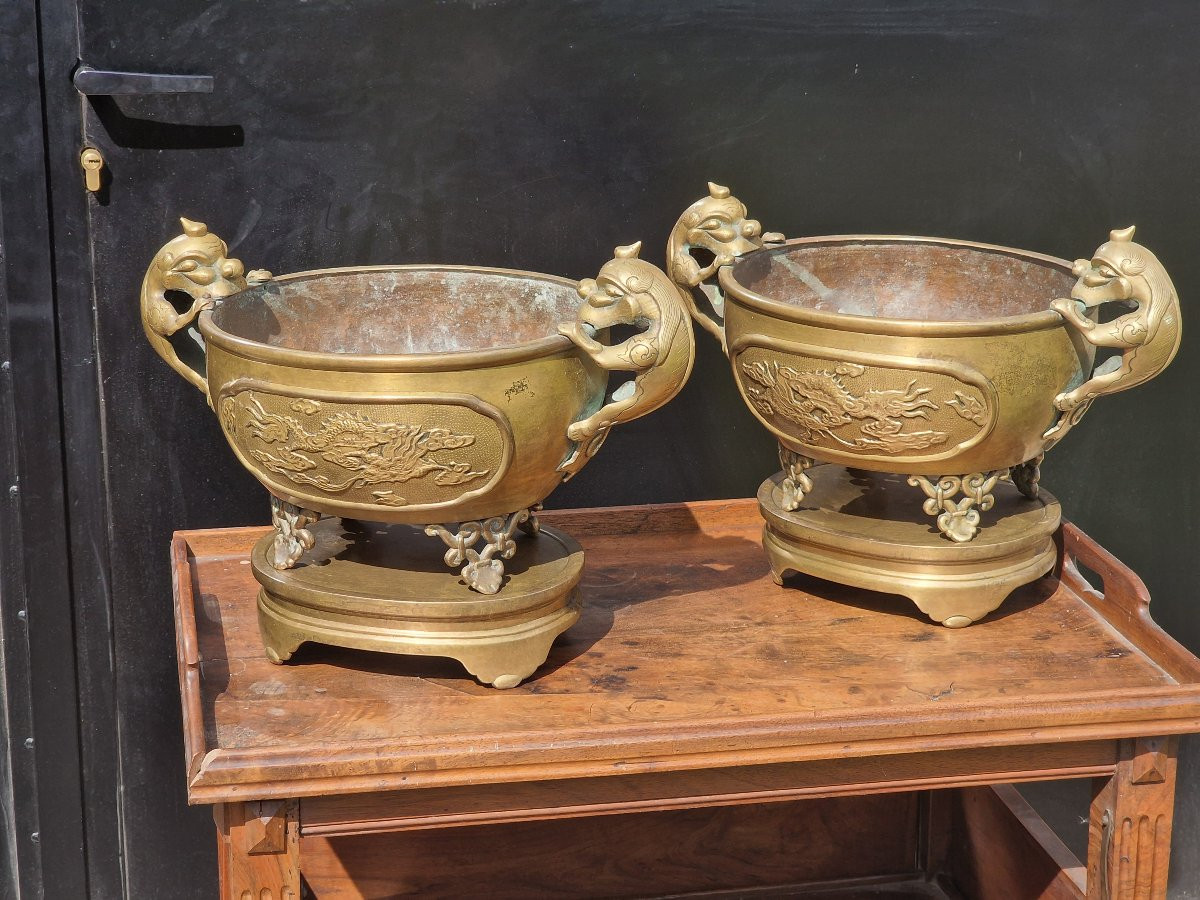 Paire de brûles parfum chinois ou Vietnam en bronze avec leur socles Indochine Cambodge-photo-3