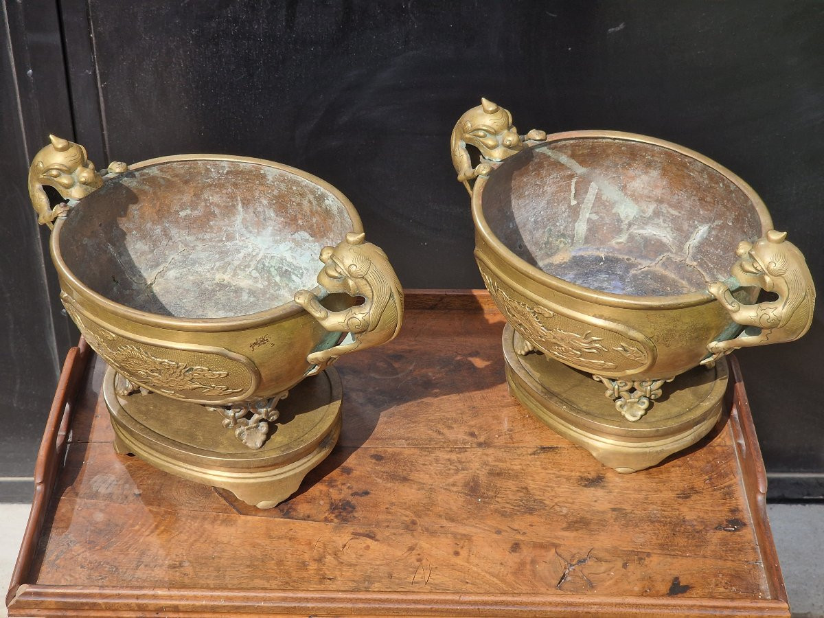 Paire de brûles parfum chinois ou Vietnam en bronze avec leur socles Indochine Cambodge-photo-1