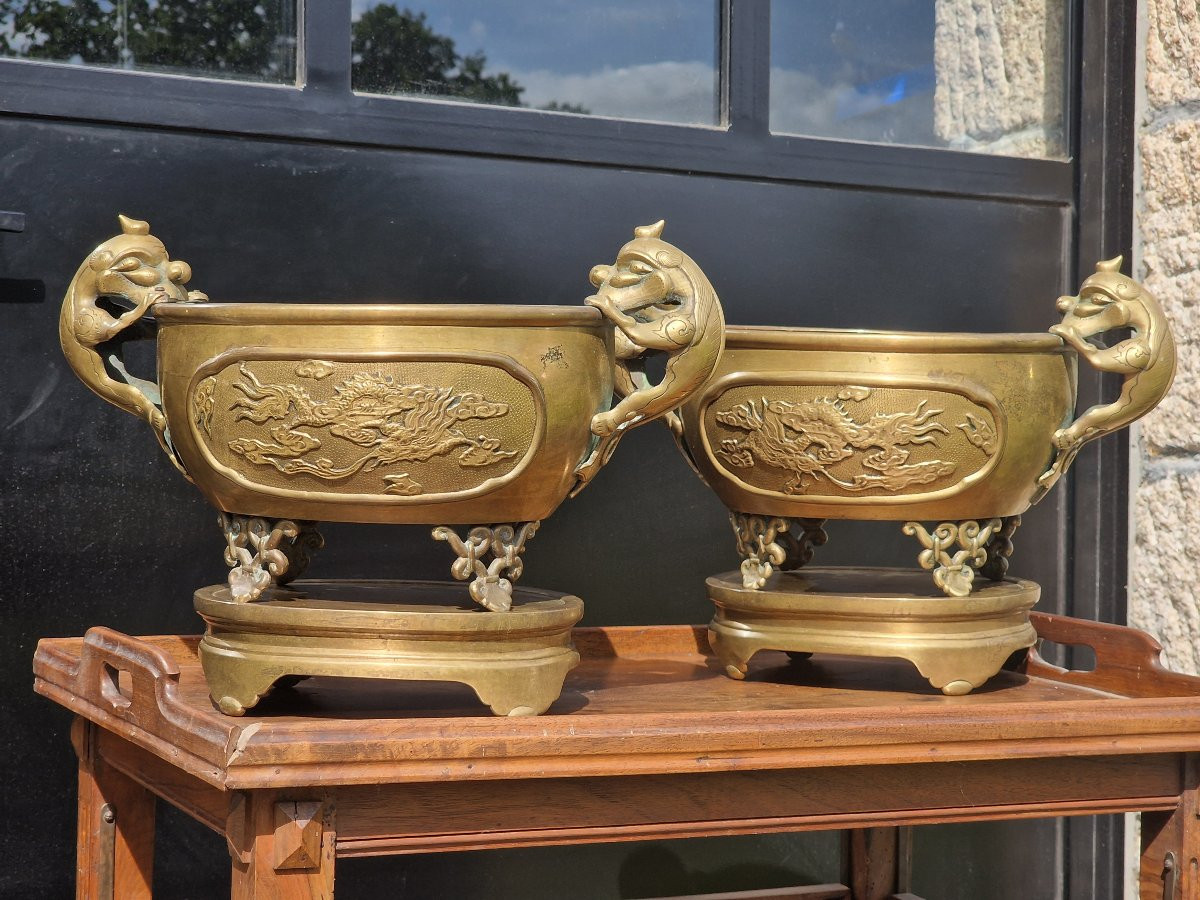 Paire de brûles parfum chinois ou Vietnam en bronze avec leur socles Indochine Cambodge-photo-2