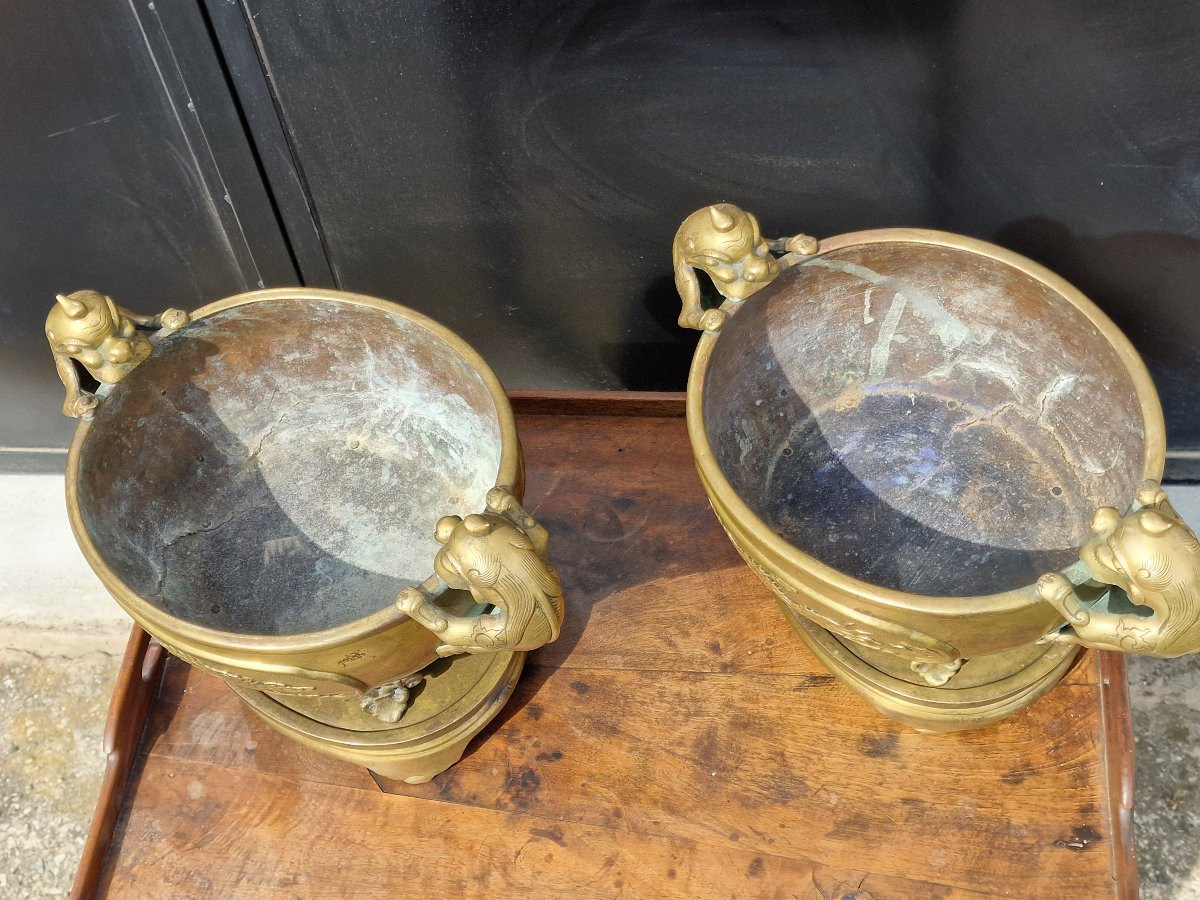 Paire de brûles parfum chinois ou Vietnam en bronze avec leur socles Indochine Cambodge-photo-3