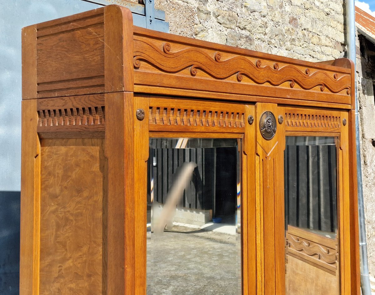 Art Nouveau Wardrobe By Léon Jallot Circa 1905 Oak And Fantastic Face Mascarons Bed-photo-3