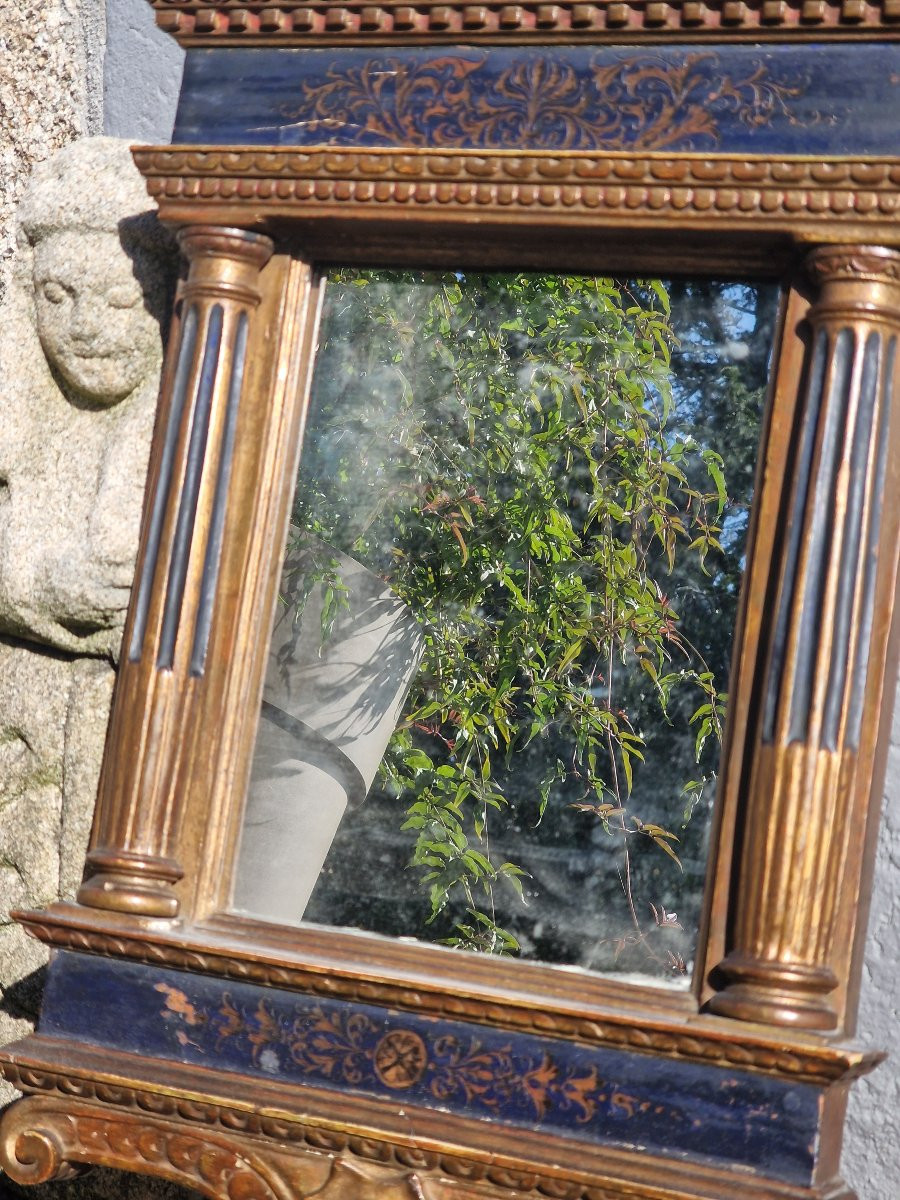 Italian Mirror In Gilded And Polychrome Painted Wood In The Shape Of A Temple And Decorated With A Cherub -photo-4