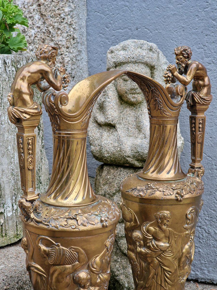 Paire d'aiguières en bronze doré de style néo-classique d'après Claude Michel Clodion bacchus -photo-2