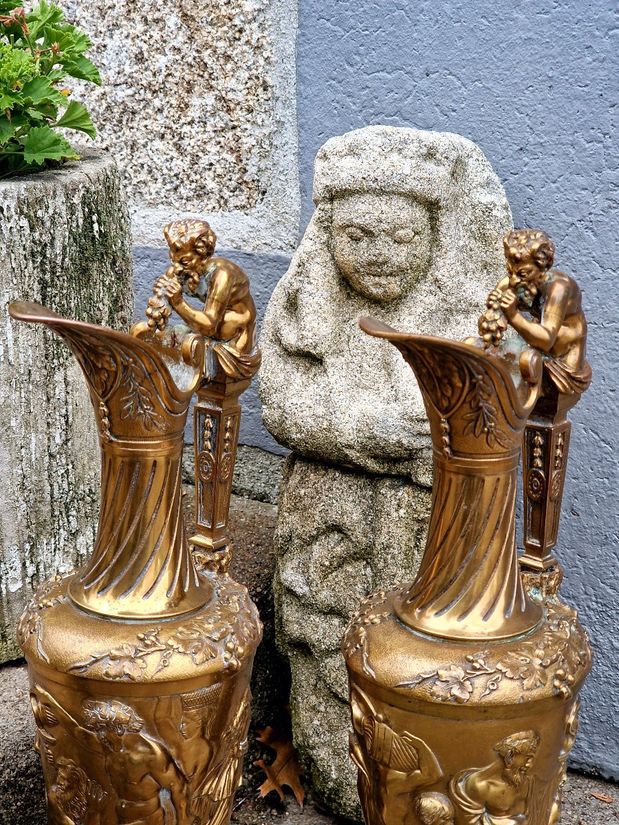 Paire d'aiguières en bronze doré de style néo-classique d'après Claude Michel Clodion bacchus -photo-2