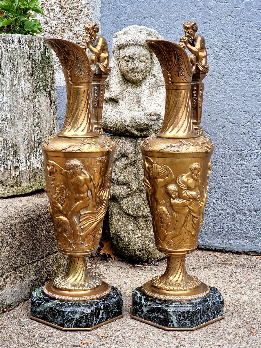 Paire d'aiguières en bronze doré de style néo-classique d'après Claude Michel Clodion bacchus -photo-3