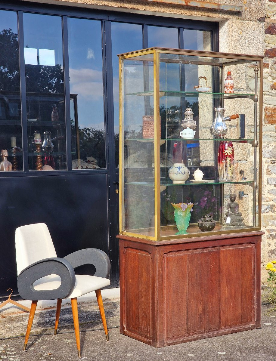 Vitrine de musée ou de magasin verre laiton et chêne style Siegel Paris-photo-1
