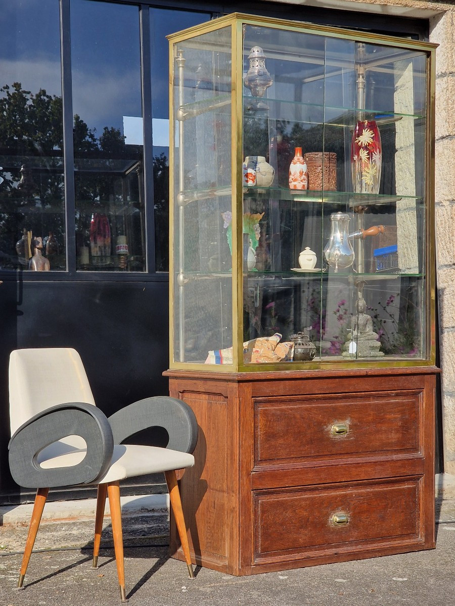 Vitrine de musée ou de magasin verre laiton et chêne style Siegel Paris