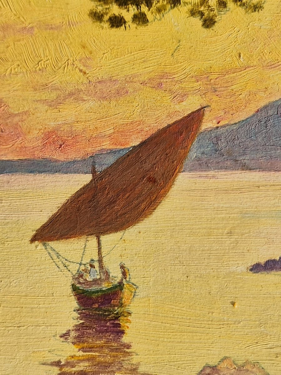 Tableau paysage côtier pêcheurs coucher de soleil du sud de la France ou Corse vers 1920-photo-2