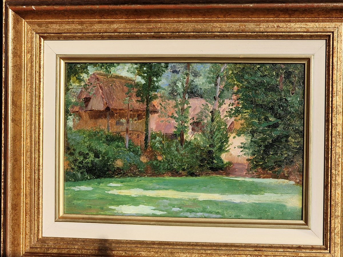 Neo-impressionist Painting Of Thatched Cottages In The Forest, In The Style Of Maximilien Luce-photo-2