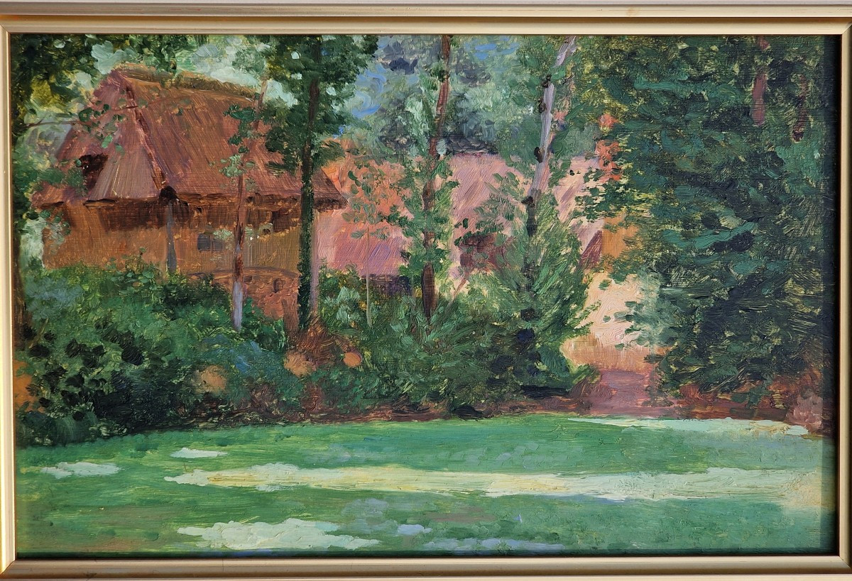 Neo-impressionist Painting Of Thatched Cottages In The Forest, In The Style Of Maximilien Luce