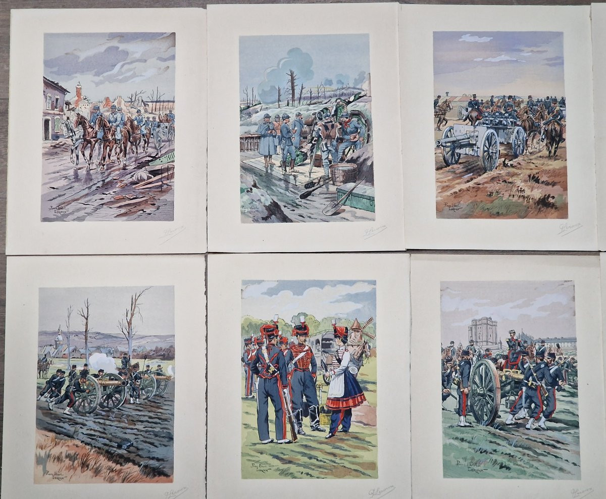 Lot de 20 gravures militaires gouachées par Pierre Albert Leroux (1890-1959) scènes infanterie-photo-2