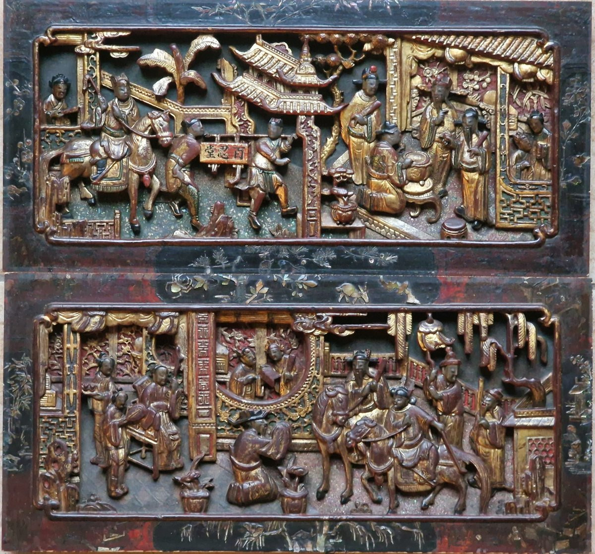 Pair Chinese Vietnamese Wedding Bed Panels In Carved, Lacquered And Gilded Wood, Nguyen Style -photo-2