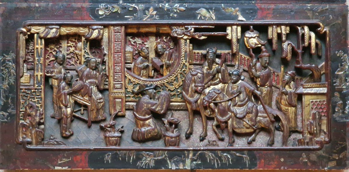 Pair Chinese Vietnamese Wedding Bed Panels In Carved, Lacquered And Gilded Wood, Nguyen Style -photo-3