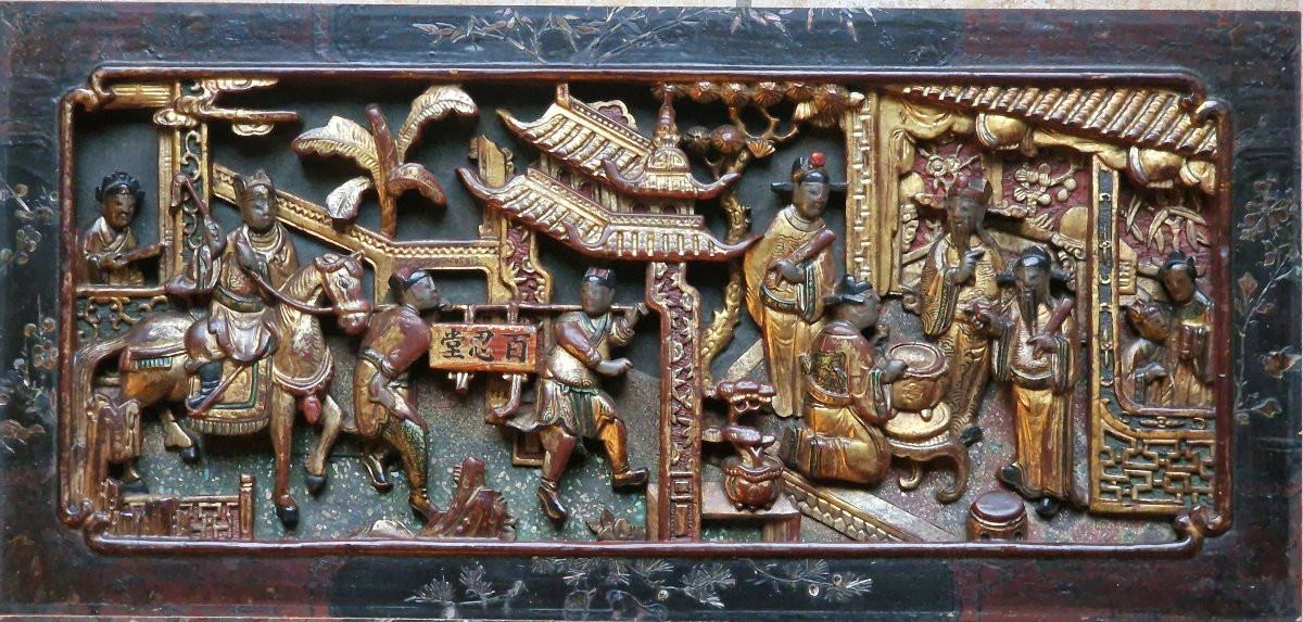 Pair Chinese Vietnamese Wedding Bed Panels In Carved, Lacquered And Gilded Wood, Nguyen Style -photo-4