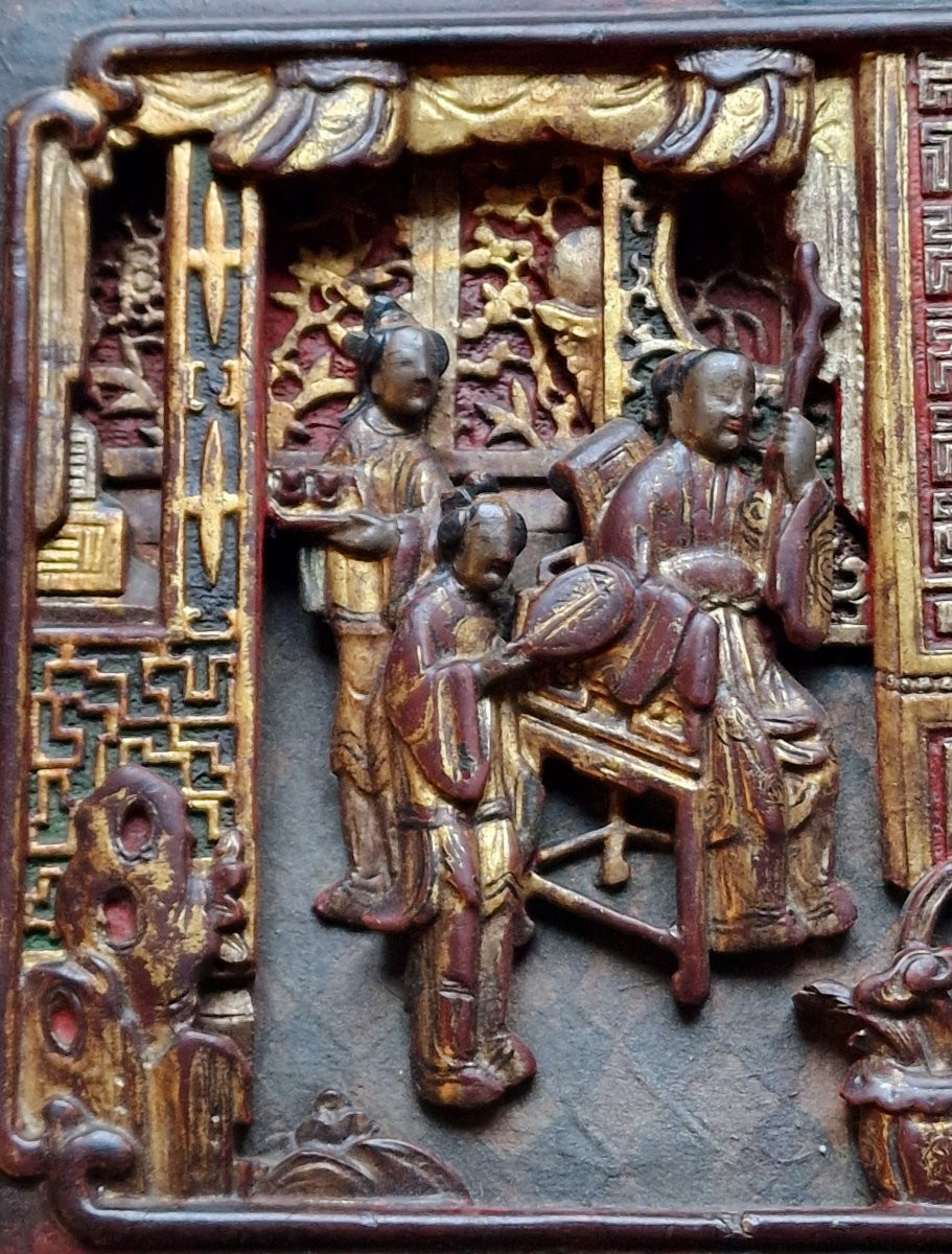Pair Chinese Vietnamese Wedding Bed Panels In Carved, Lacquered And Gilded Wood, Nguyen Style -photo-1