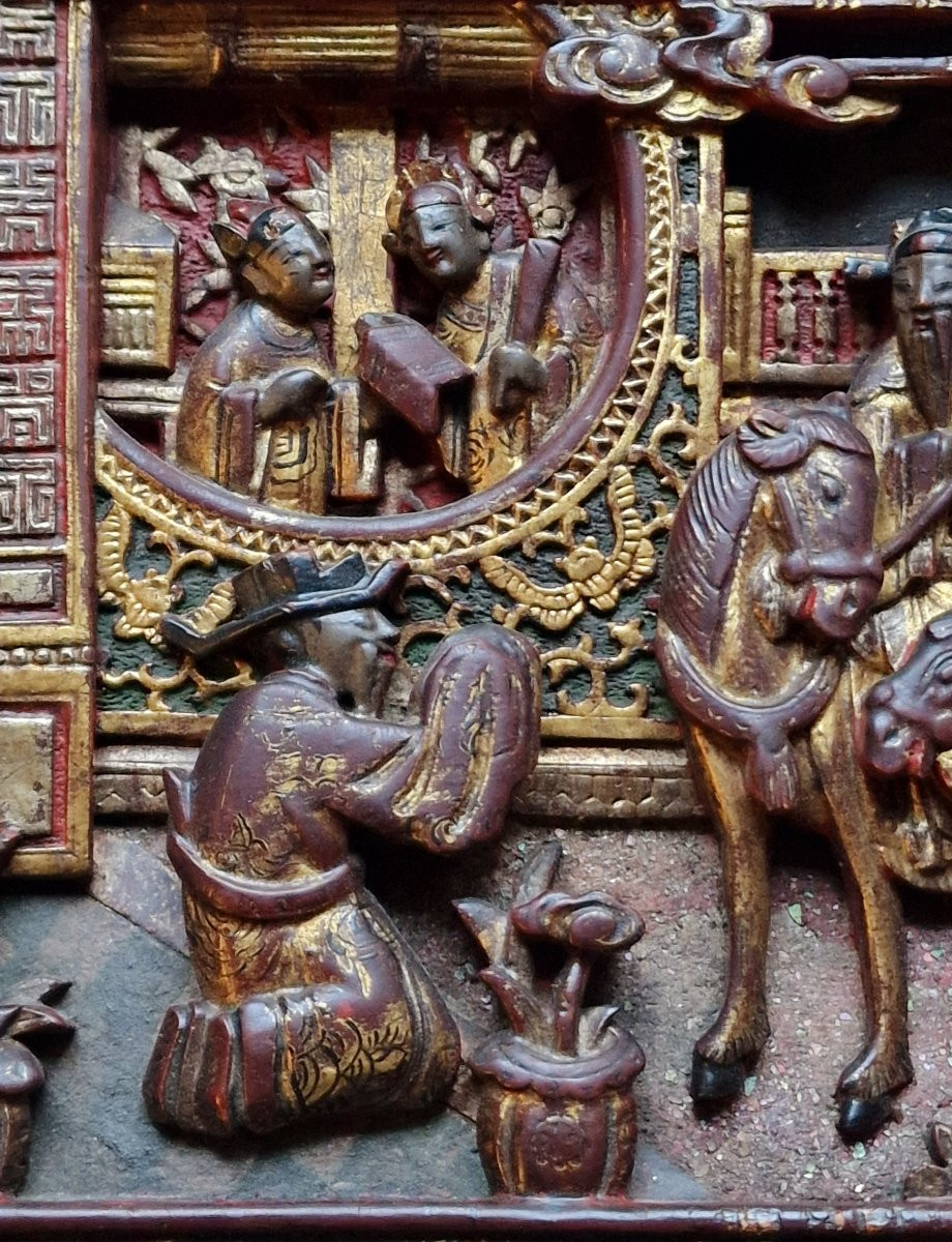 Pair Chinese Vietnamese Wedding Bed Panels In Carved, Lacquered And Gilded Wood, Nguyen Style -photo-2