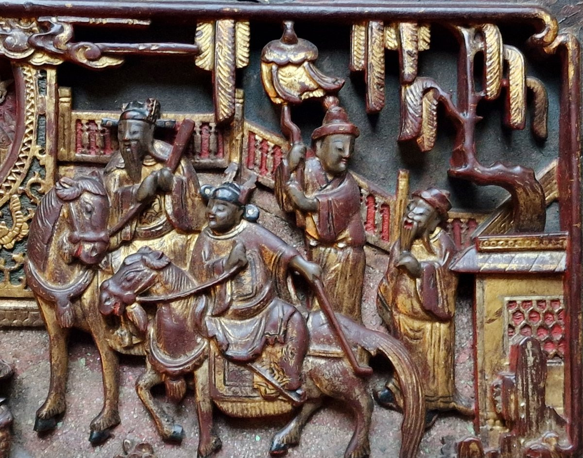 Pair Chinese Vietnamese Wedding Bed Panels In Carved, Lacquered And Gilded Wood, Nguyen Style -photo-3