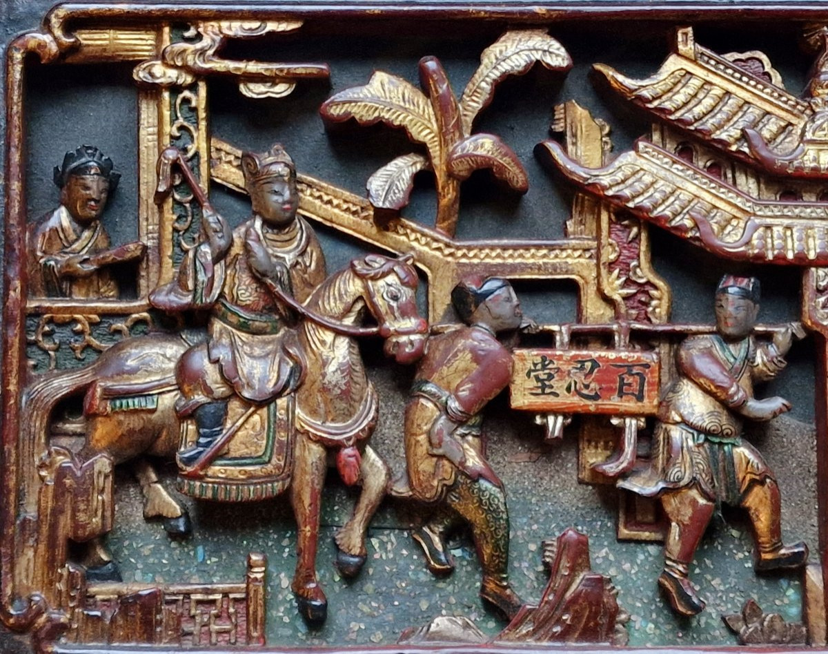 Pair Chinese Vietnamese Wedding Bed Panels In Carved, Lacquered And Gilded Wood, Nguyen Style -photo-4