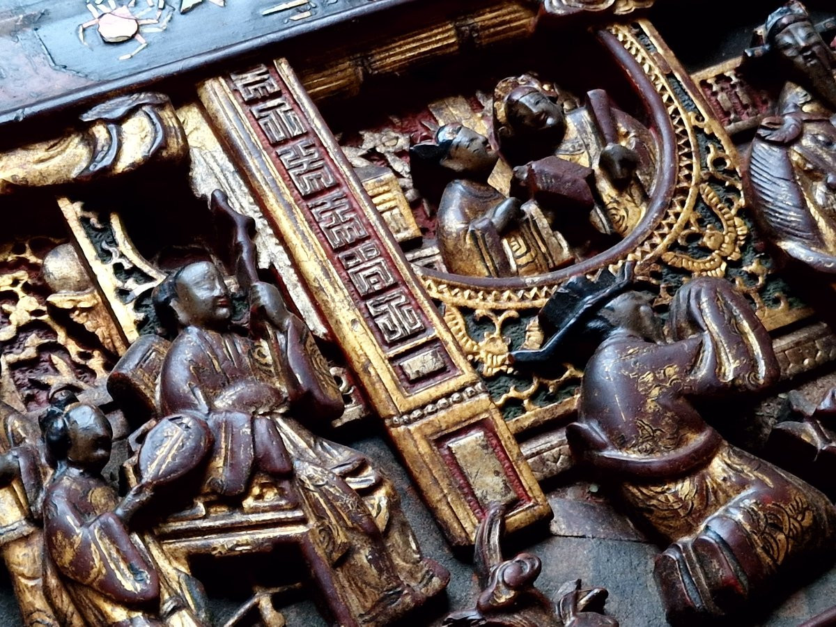 Pair Chinese Vietnamese Wedding Bed Panels In Carved, Lacquered And Gilded Wood, Nguyen Style -photo-5
