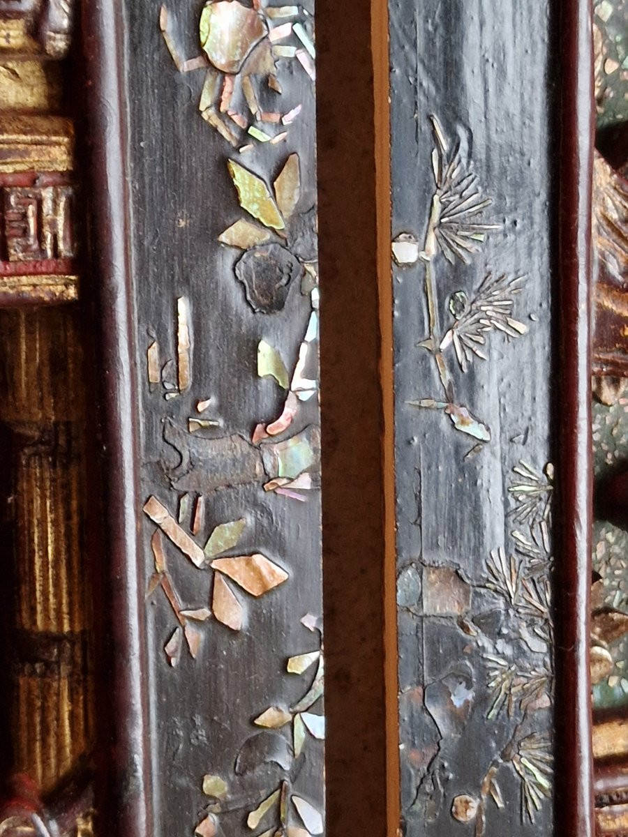 Pair Chinese Vietnamese Wedding Bed Panels In Carved, Lacquered And Gilded Wood, Nguyen Style -photo-7