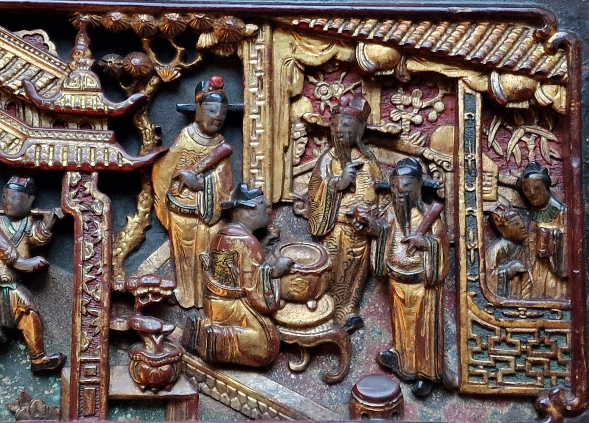 Pair Chinese Vietnamese Wedding Bed Panels In Carved, Lacquered And Gilded Wood, Nguyen Style 