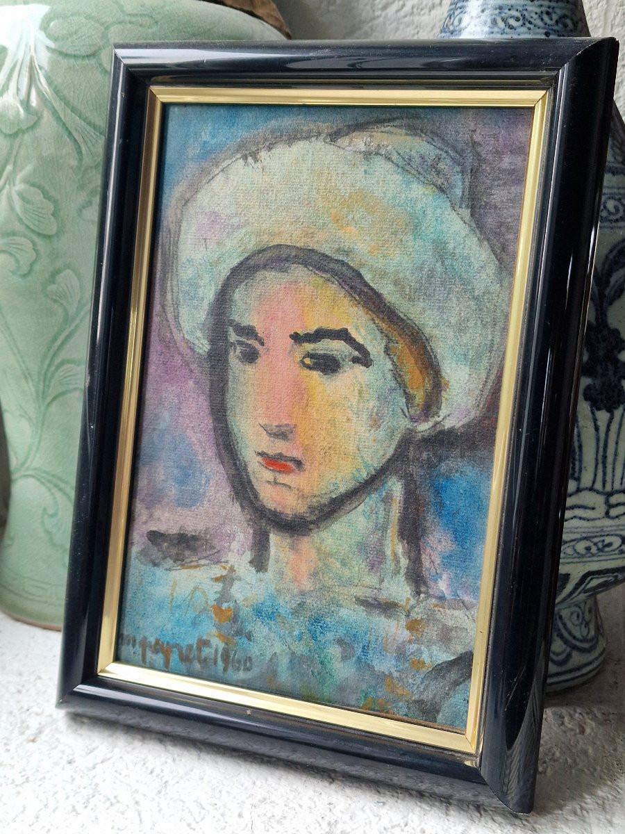 Painting "evening Visitor" By Isidore Marie Peyret, Dated 1960, Watercolor And Gouache -photo-2