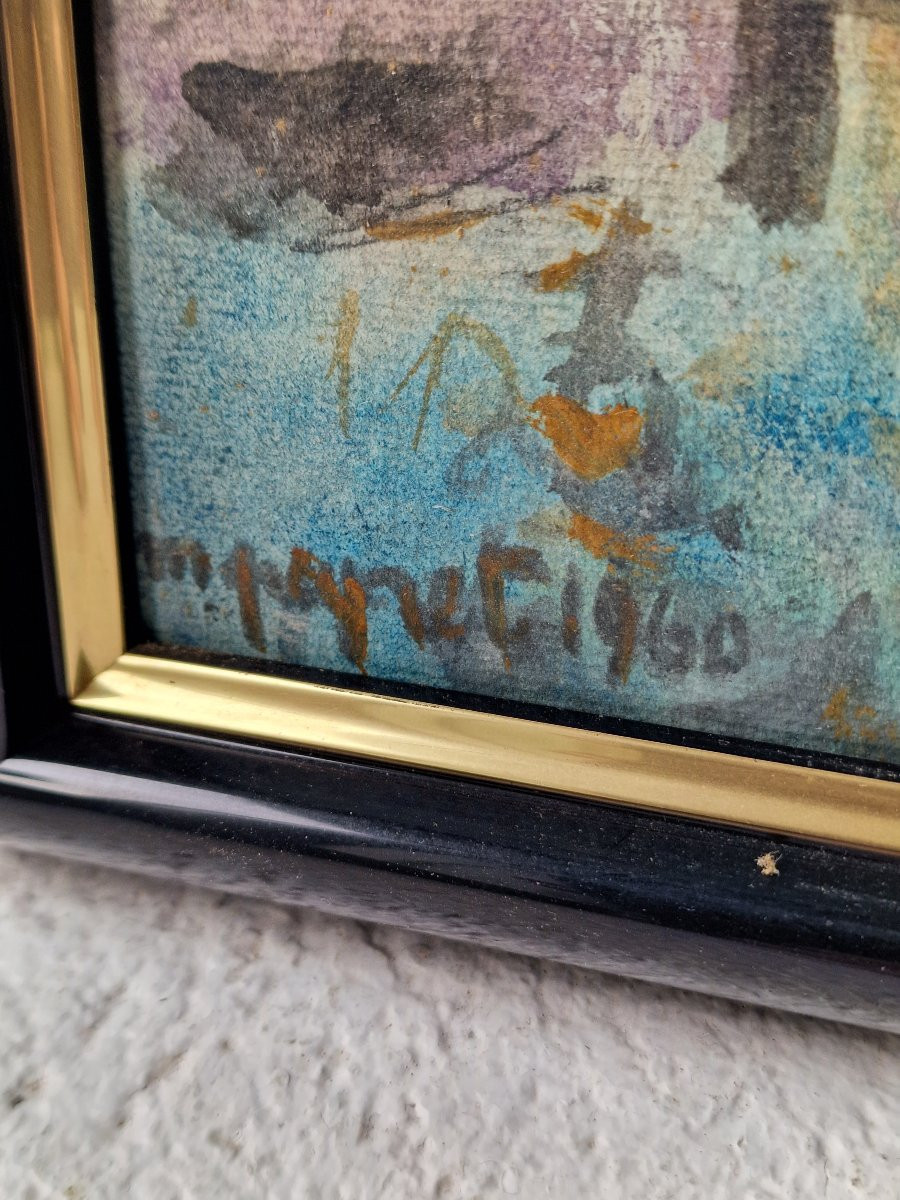 Painting "evening Visitor" By Isidore Marie Peyret, Dated 1960, Watercolor And Gouache -photo-3