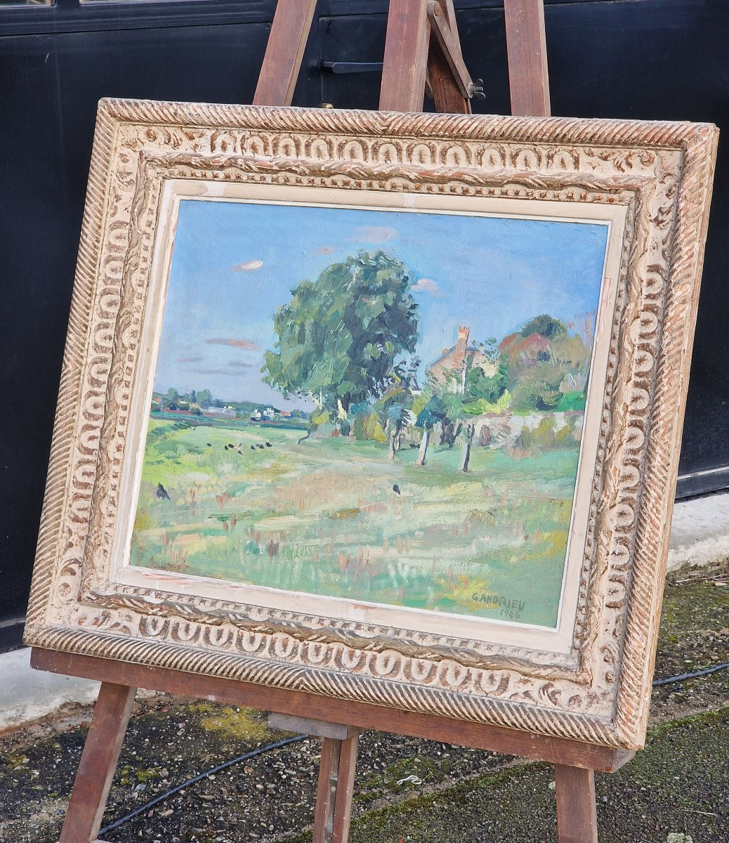 Tableau région Angers paysage de d'été en campagne par Georges Tranchand Andrieu daté 1946-photo-3