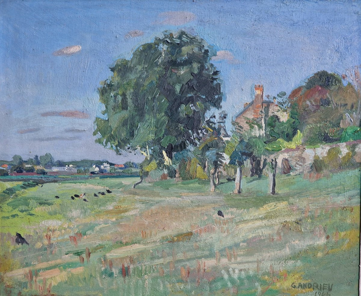 Tableau région Angers paysage de d'été en campagne par Georges Tranchand Andrieu daté 1946-photo-4