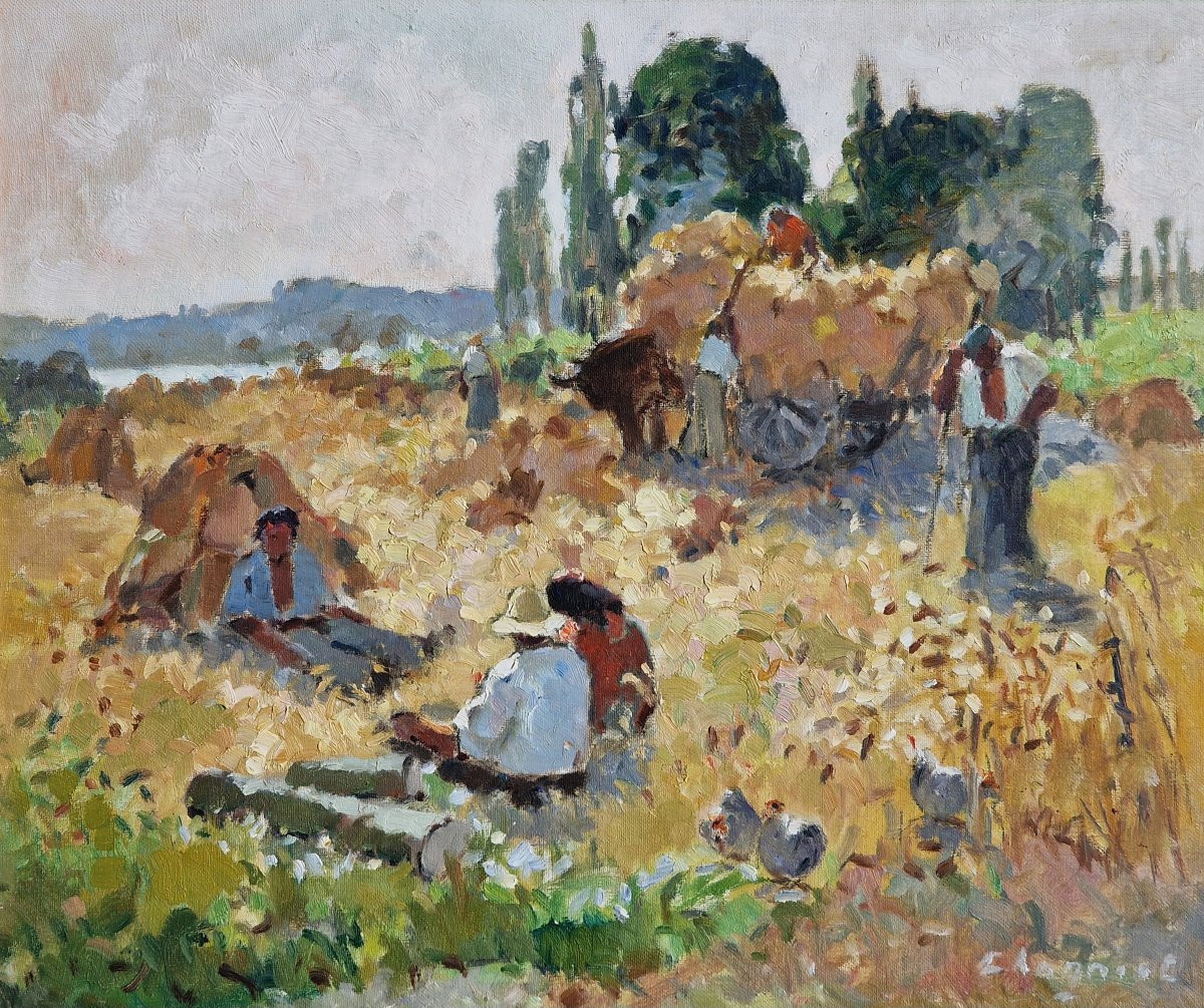 Neo-impressionist Painting By Alfred Jean Chagniot, Harvest Scene In Seine-et-oise -photo-2