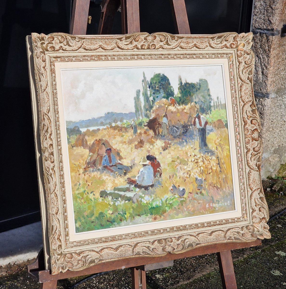 Neo-impressionist Painting By Alfred Jean Chagniot, Harvest Scene In Seine-et-oise -photo-3